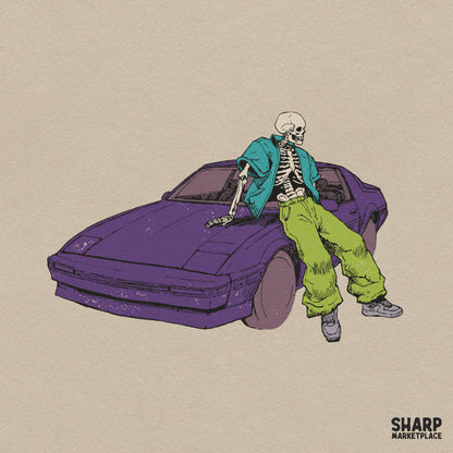 Cool Streetwear Skeleton Leaning On Purple Sports Car