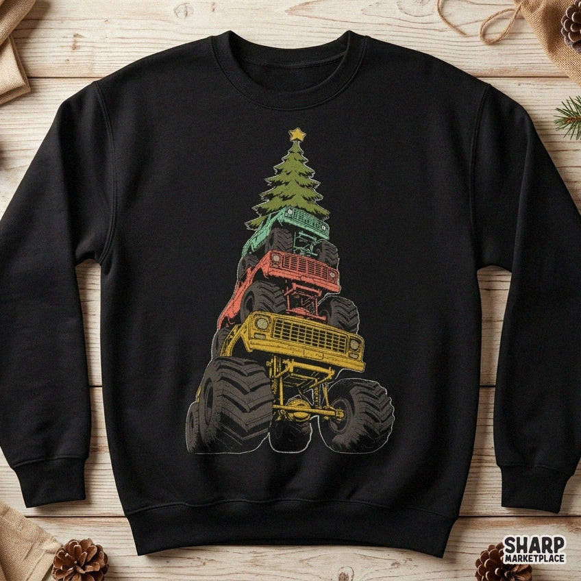Monster Trucks Stacked Holiday Tree Art, Retro Christmas