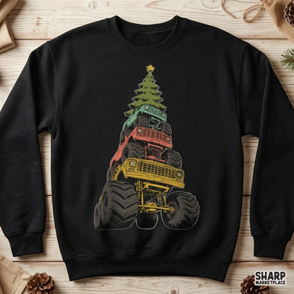 Monster Trucks Stacked Holiday Tree Art, Retro Christmas