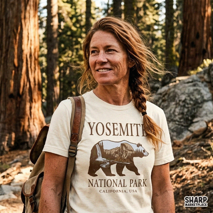 Retro Yosemite National Park bear silhouette PNG graphic with mountains and waterfall for t-shirt sublimation