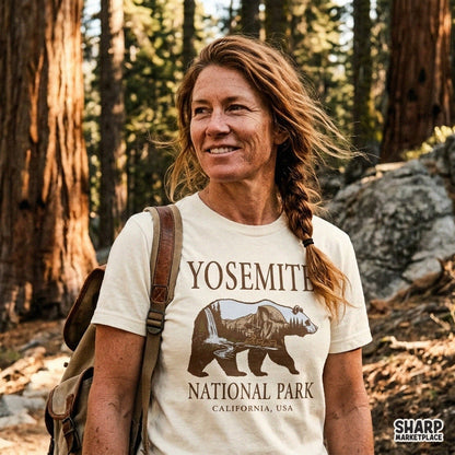Retro Yosemite National Park bear silhouette PNG graphic with mountains and waterfall for t-shirt sublimation