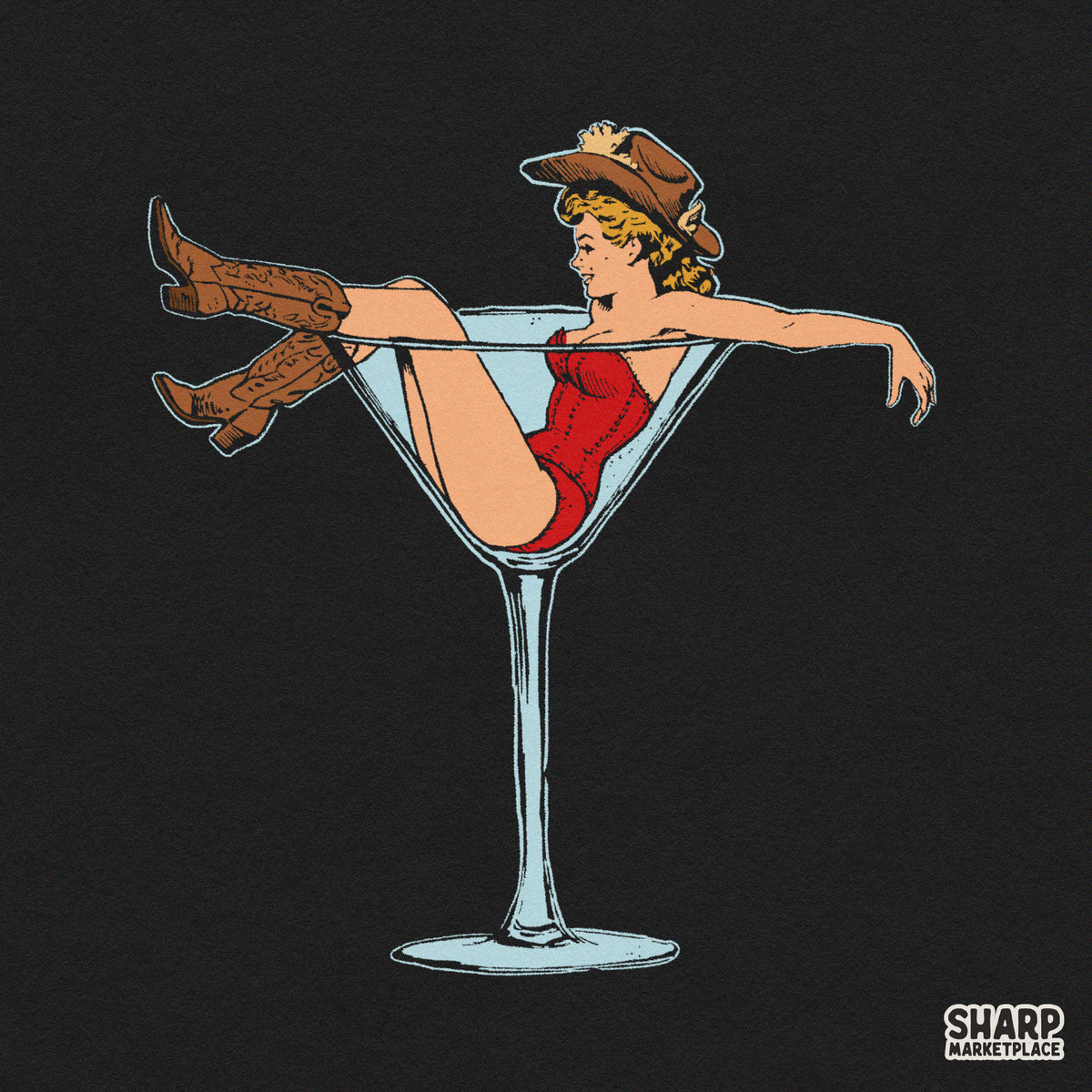 Retro Cowgirl Sitting in Giant Martini Glass, Summer
