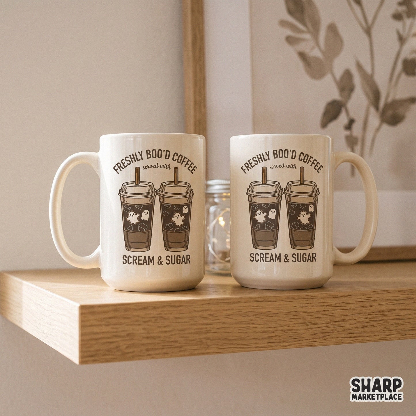 Funny Halloween ghost iced latte with freshly bood coffee and spooky scream and sugar retro sublimation tumbler wrap png