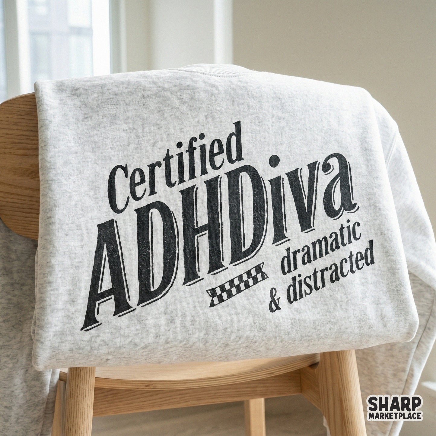 Retro style digital graphic with bold black text that says Certified ADH Diva and includes a checkered flag motif for DIY print projects.