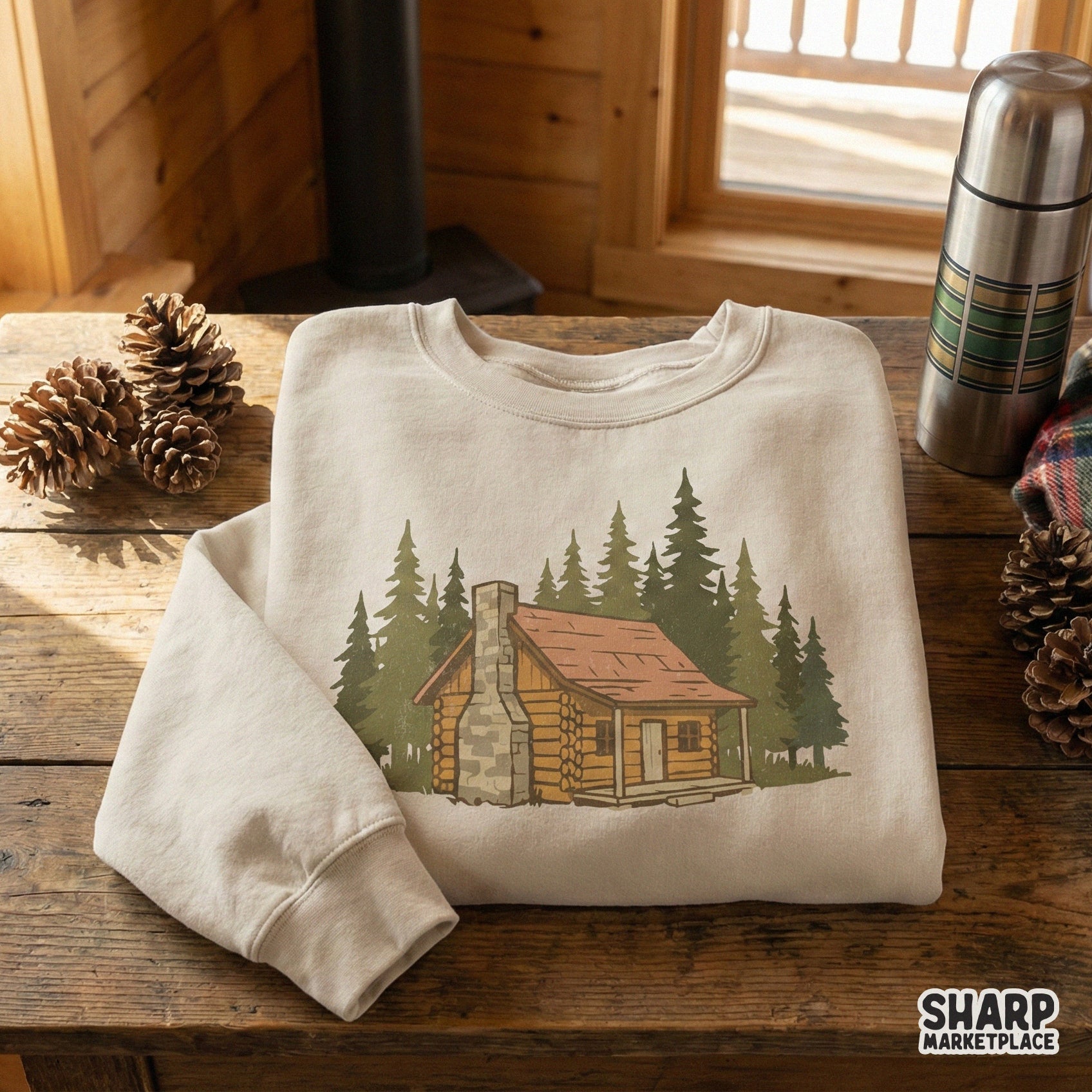 Digital design of a cozy woodland cabin nestled in a forest, displayed as a graphic print on a neutral-colored crewneck sweatshirt for outdoor apparel.