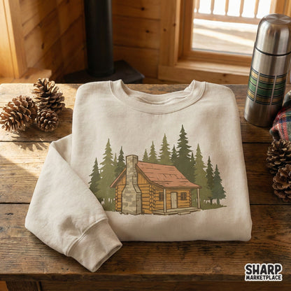 Digital design of a cozy woodland cabin nestled in a forest, displayed as a graphic print on a neutral-colored crewneck sweatshirt for outdoor apparel.
