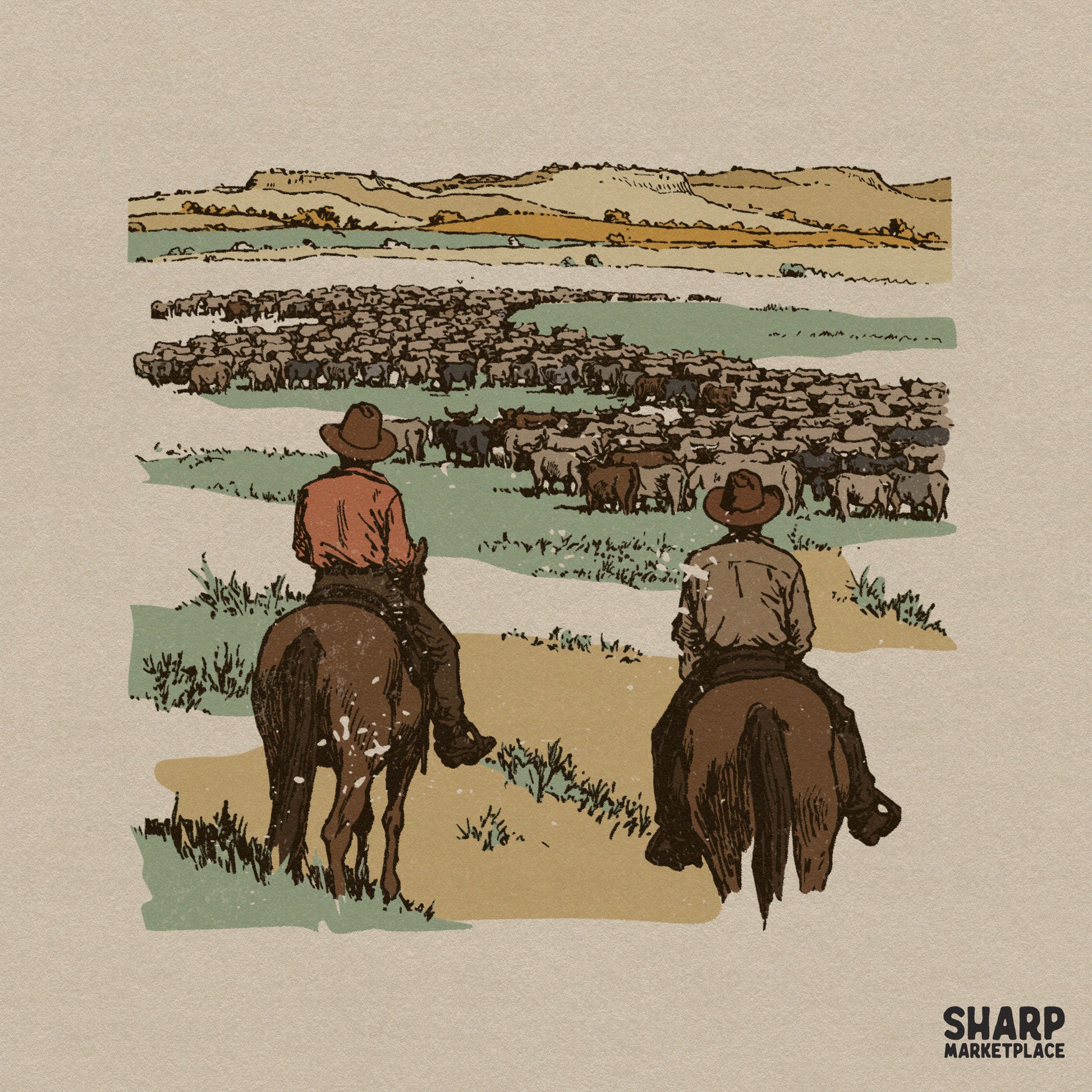 Vintage style illustration of two cowboys on horseback herding a large group of cattle across a dusty landscape in sage green and burnt orange.
