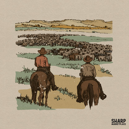 Vintage style illustration of two cowboys on horseback herding a large group of cattle across a dusty landscape in sage green and burnt orange.