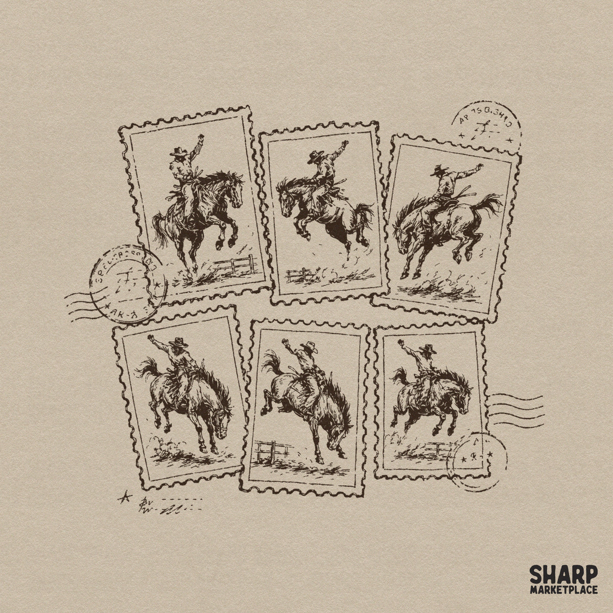 Vintage postage stamp collection featuring six detailed sketches of cowboys riding bucking broncos in brown tones for western-themed apparel.