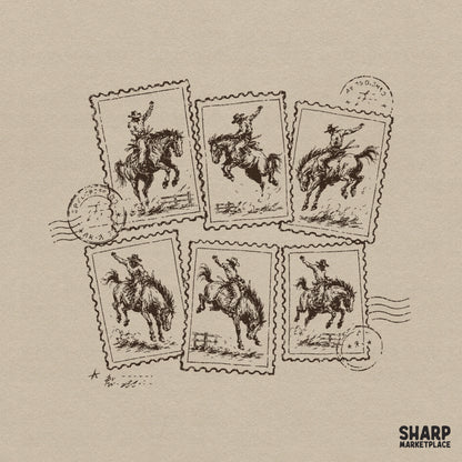 Vintage postage stamp collection featuring six detailed sketches of cowboys riding bucking broncos in brown tones for western-themed apparel.