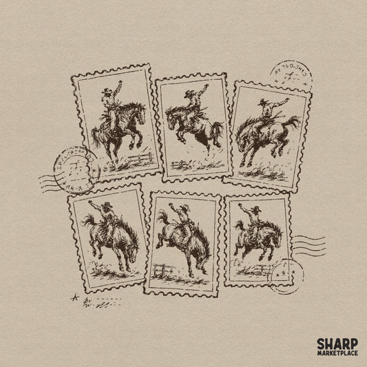 Vintage postage stamp collection featuring six detailed sketches of cowboys riding bucking broncos in brown tones for western-themed apparel.