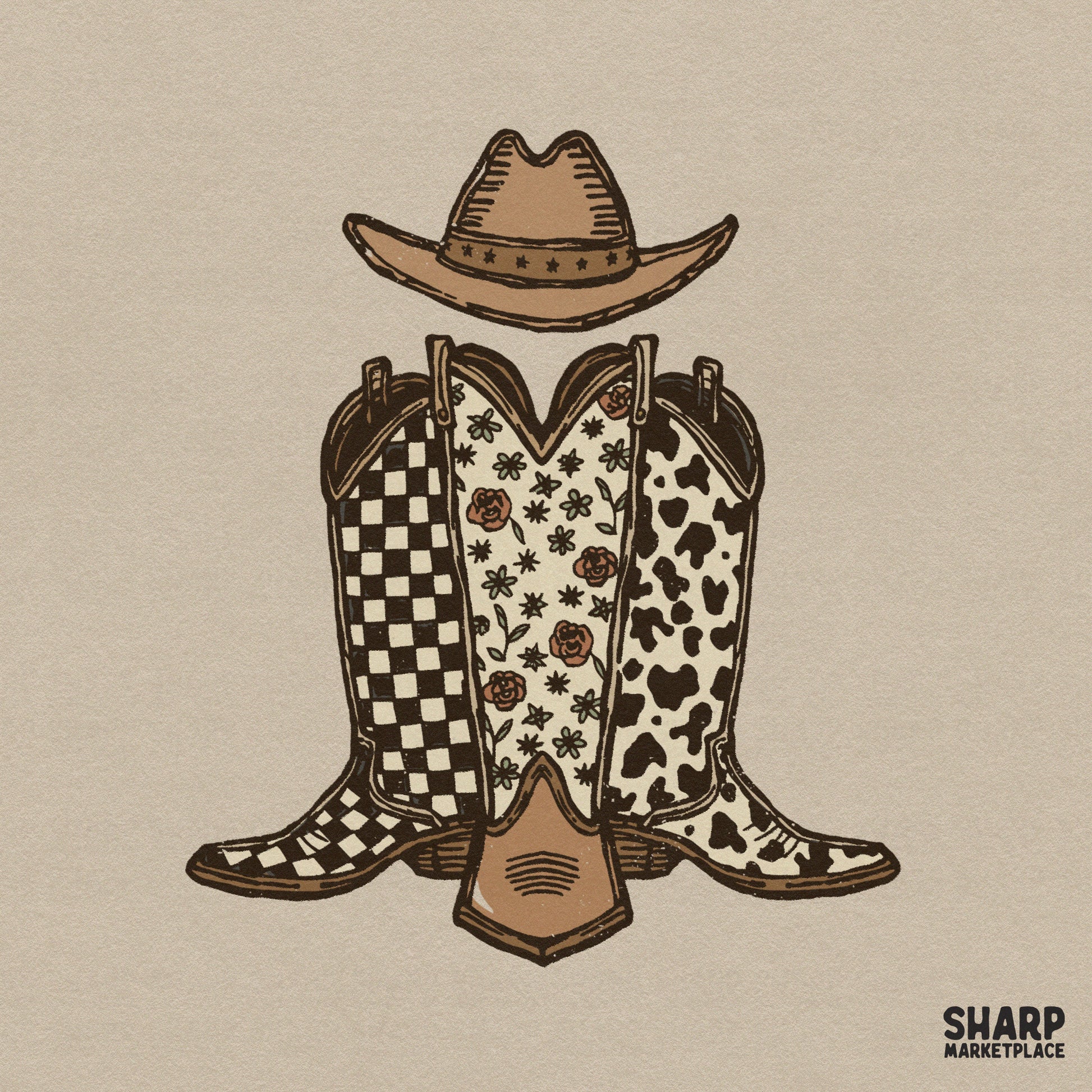 Patterned western cowboy boots and hat illustration with checkered details for retro country shirt sublimation designs