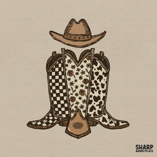 Patterned western cowboy boots and hat illustration with checkered details for retro country shirt sublimation designs