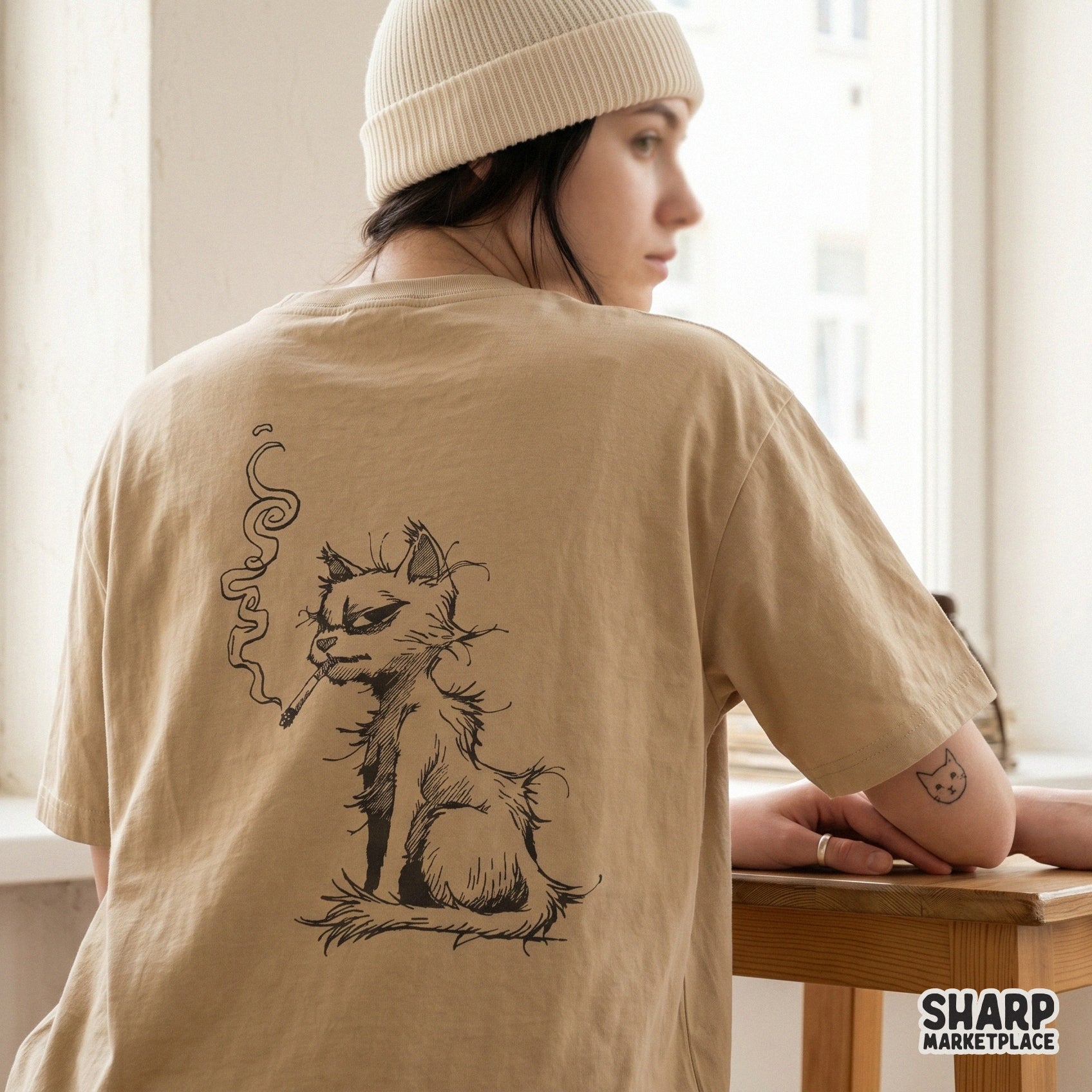 Funny sarcastic scruffy cat smoking a cigarette retro vintage graphic tee design for animal lovers shirts