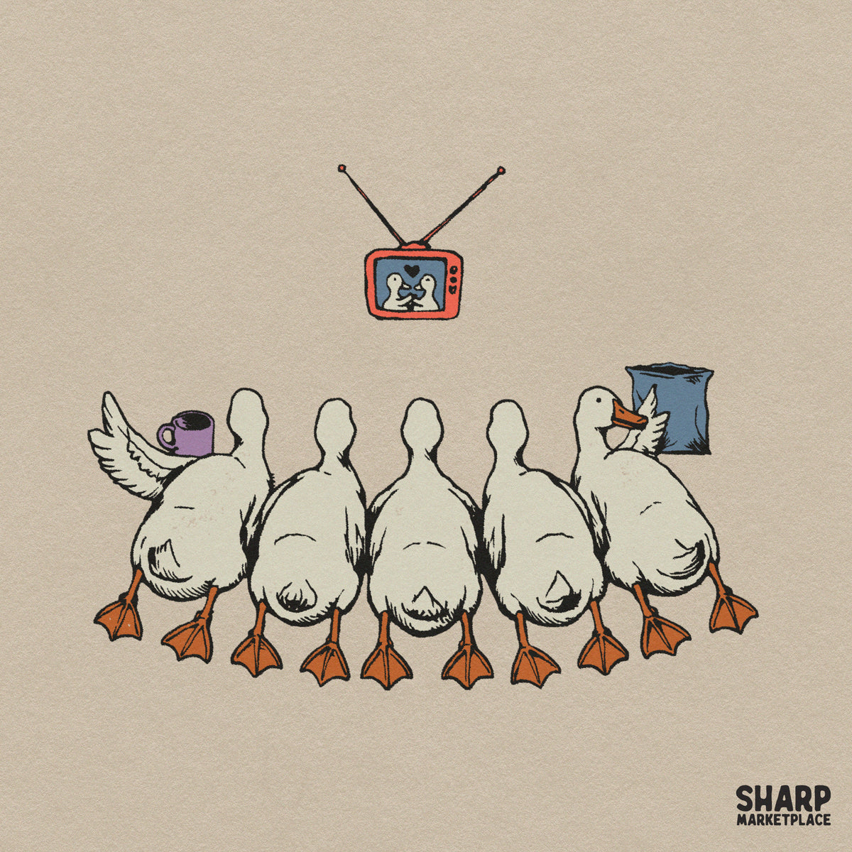 Cute ducks watching retro television movie night illustration digital PNG for funny shirt and cozy season apparel designs