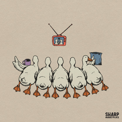 Cute ducks watching retro television movie night illustration digital PNG for funny shirt and cozy season apparel designs