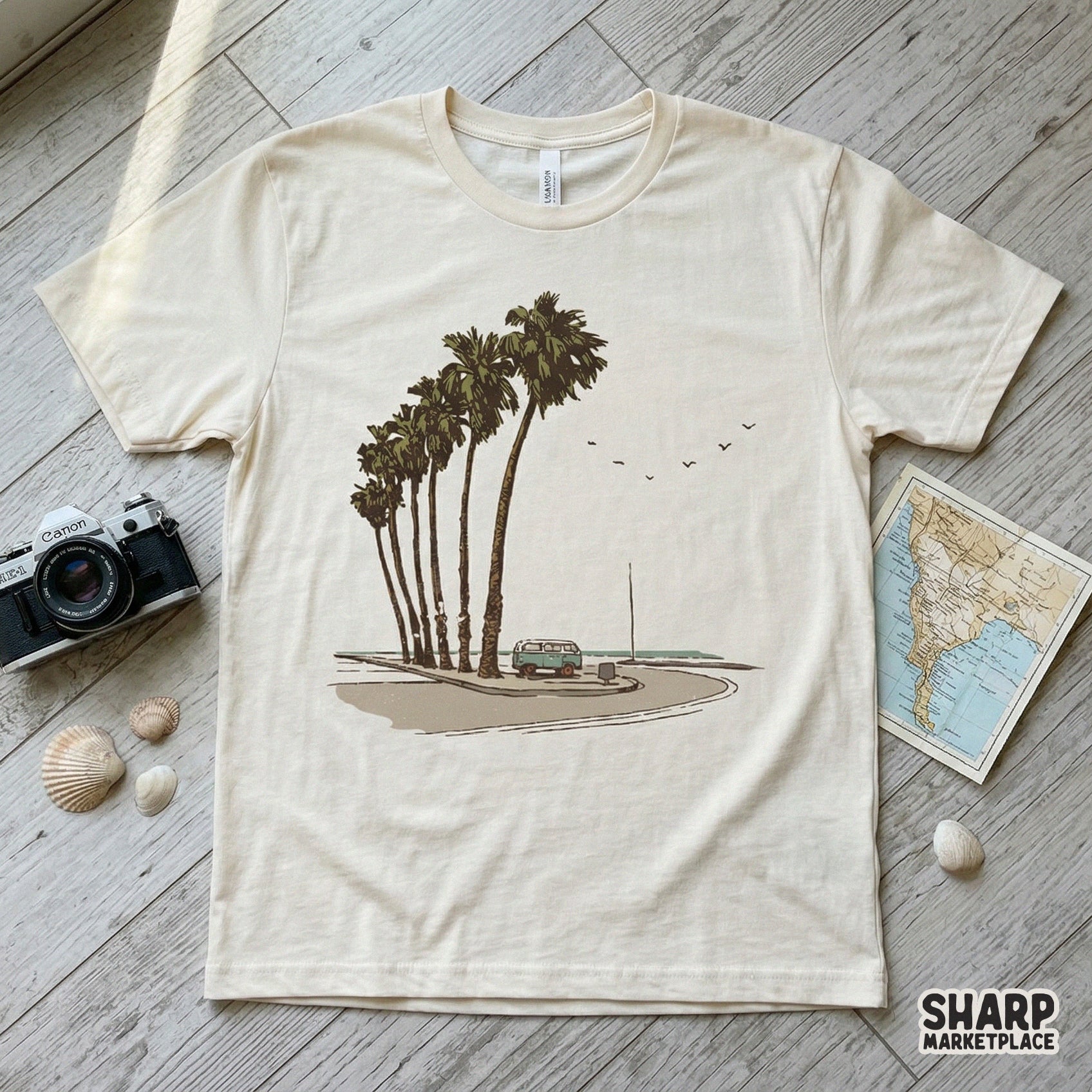 Digital design featuring a vintage van on a beach road trip, perfect for printing on t-shirts, stickers, or tumblers with a tropical aesthetic.