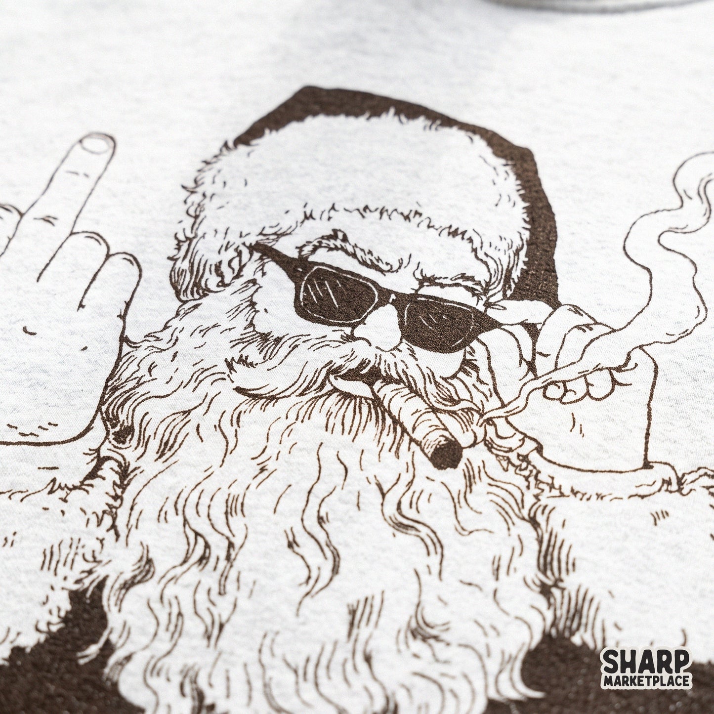 Rebel Santa smoking cigar and showing middle finger in an edgy holiday sublimation design for sarcastic Christmas shirts