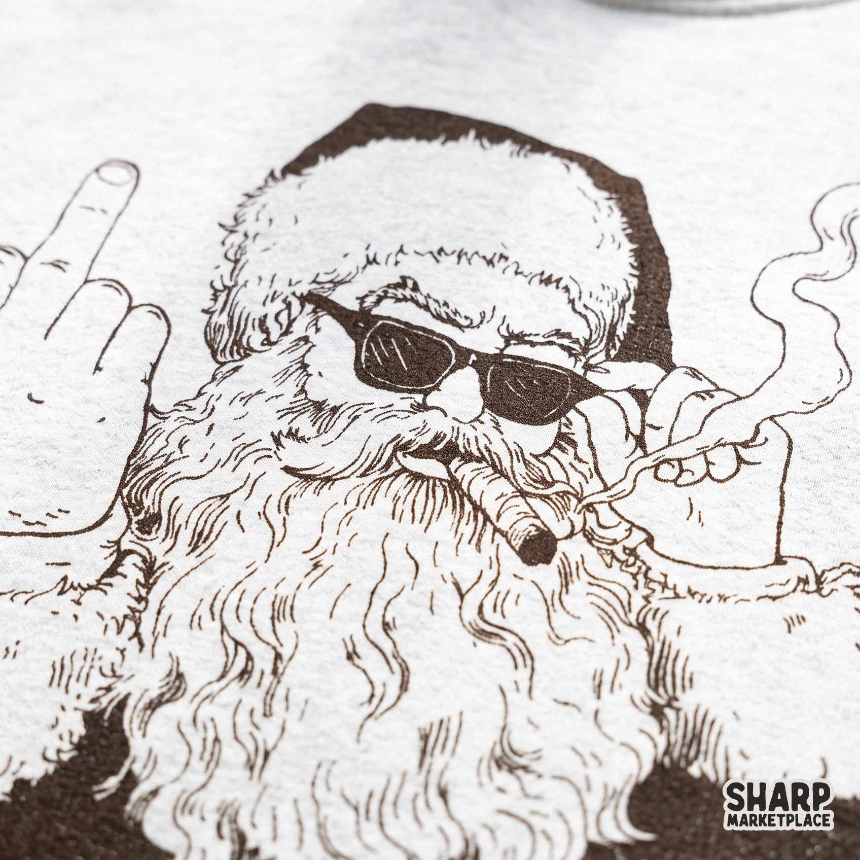 Rebel Santa smoking cigar and showing middle finger in an edgy holiday sublimation design for sarcastic Christmas shirts