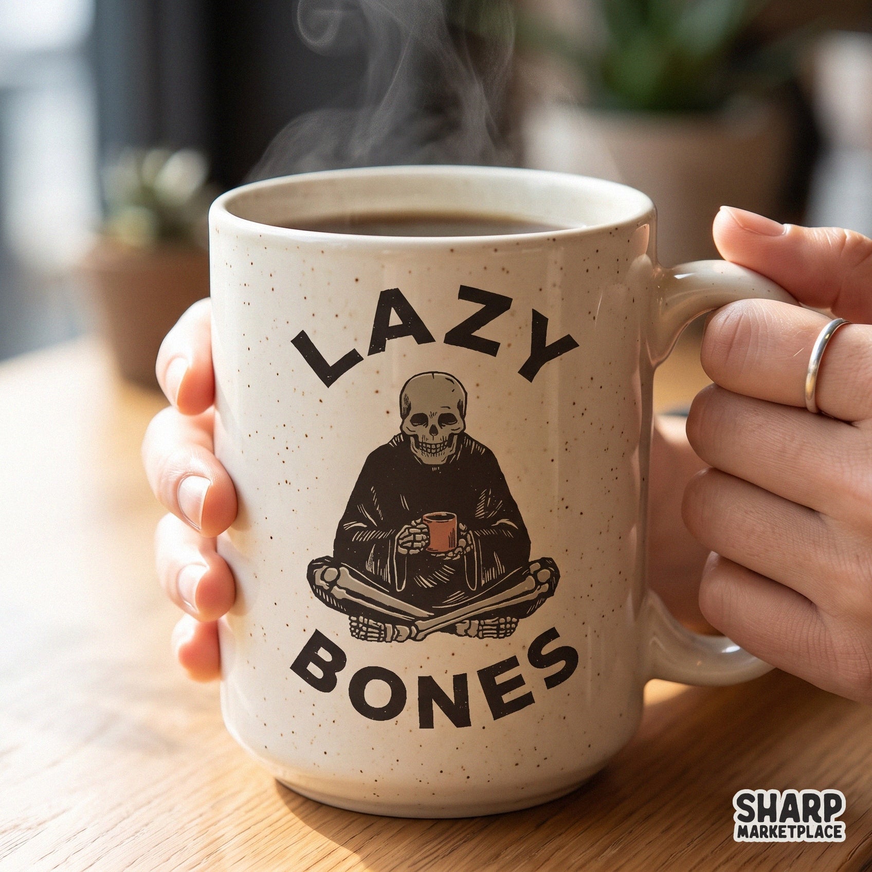 Funny sitting skeleton drinking coffee in a retro spooky season design for Halloween sublimation and apparel