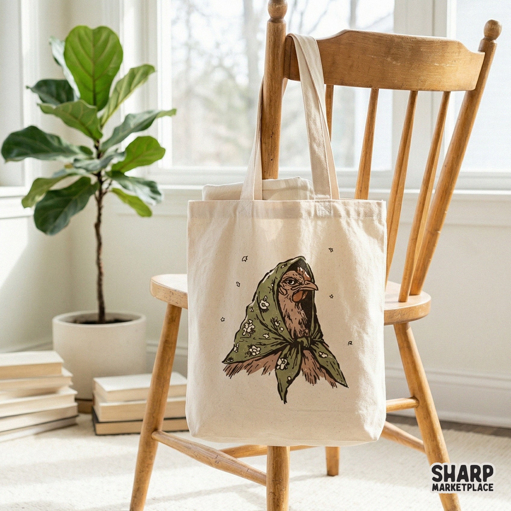 Hand-drawn farmhouse chicken graphic with a green floral headscarf and star motifs, suitable for digital printing on tumblers, wall art, and clothing.