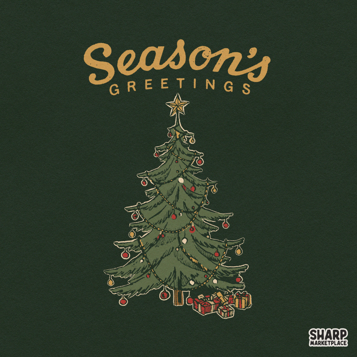 Retro Christmas tree PNG with star topper, red ribbon, and gift boxes for festive shirts and holiday sublimation designs
