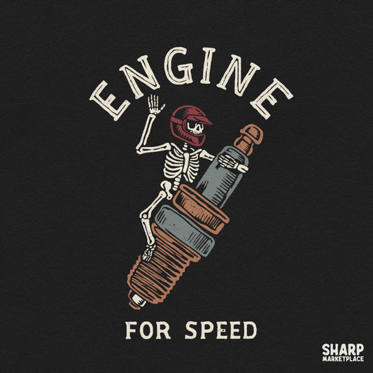 Retro biker skeleton graphic with spark plug rider art for motorcycle t-shirt PNG sublimation design