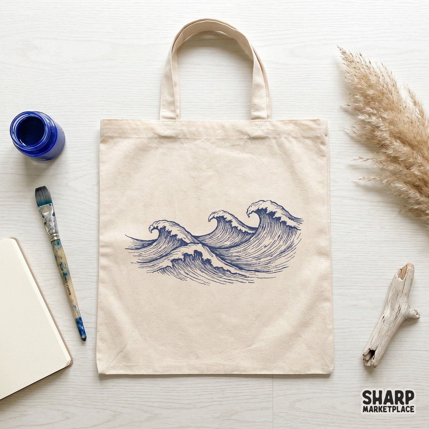Vintage ocean waves aesthetic sketch for retro Japanese style sea print and trendy summer beach shirt design
