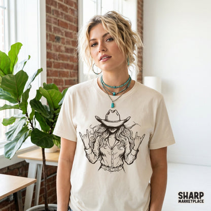 Trendy western cowgirl graphic featuring a woman in a cowboy hat and button-down shirt, displayed as a print on a cream-colored t-shirt.