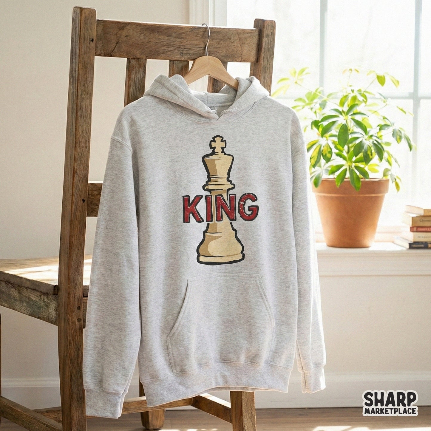 Distressed chess king graphic with a classic cream piece and bold red lettering, suitable for DIY stickers, wall art, and custom gifts.
