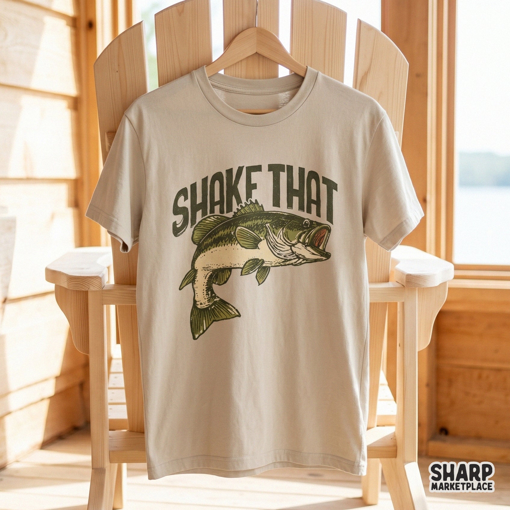 Detailed hand-drawn largemouth bass illustration with distressed forest green typography suitable for custom fishing shirts and outdoor gear.