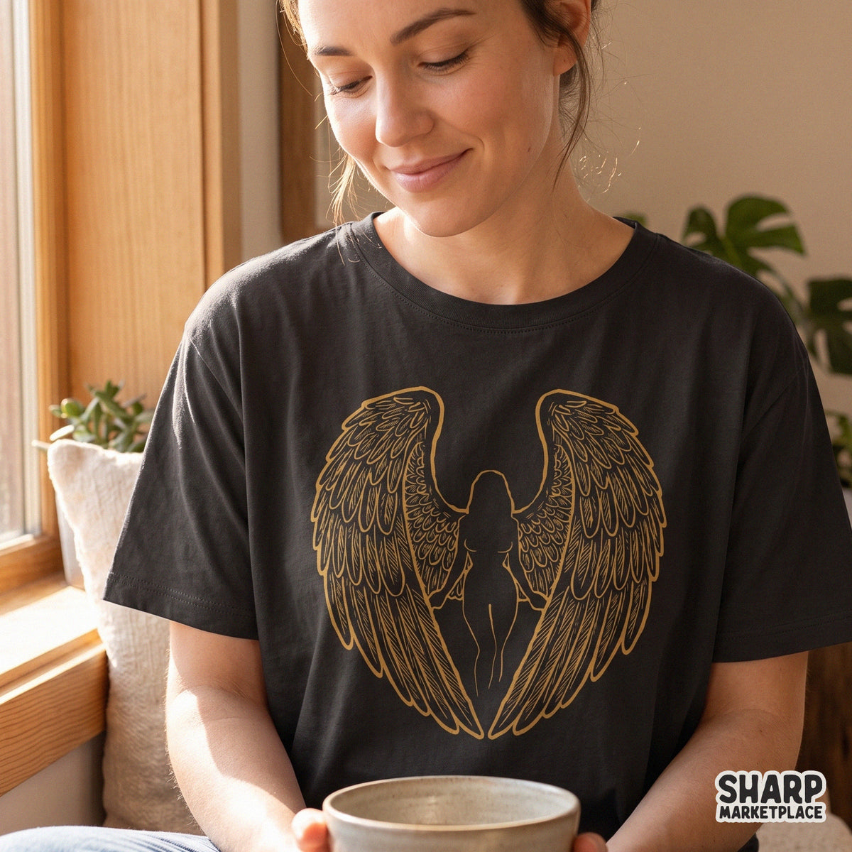 Golden angel wings and divine female silhouette line art Christian PNG graphic for faith apparel and t-shirts