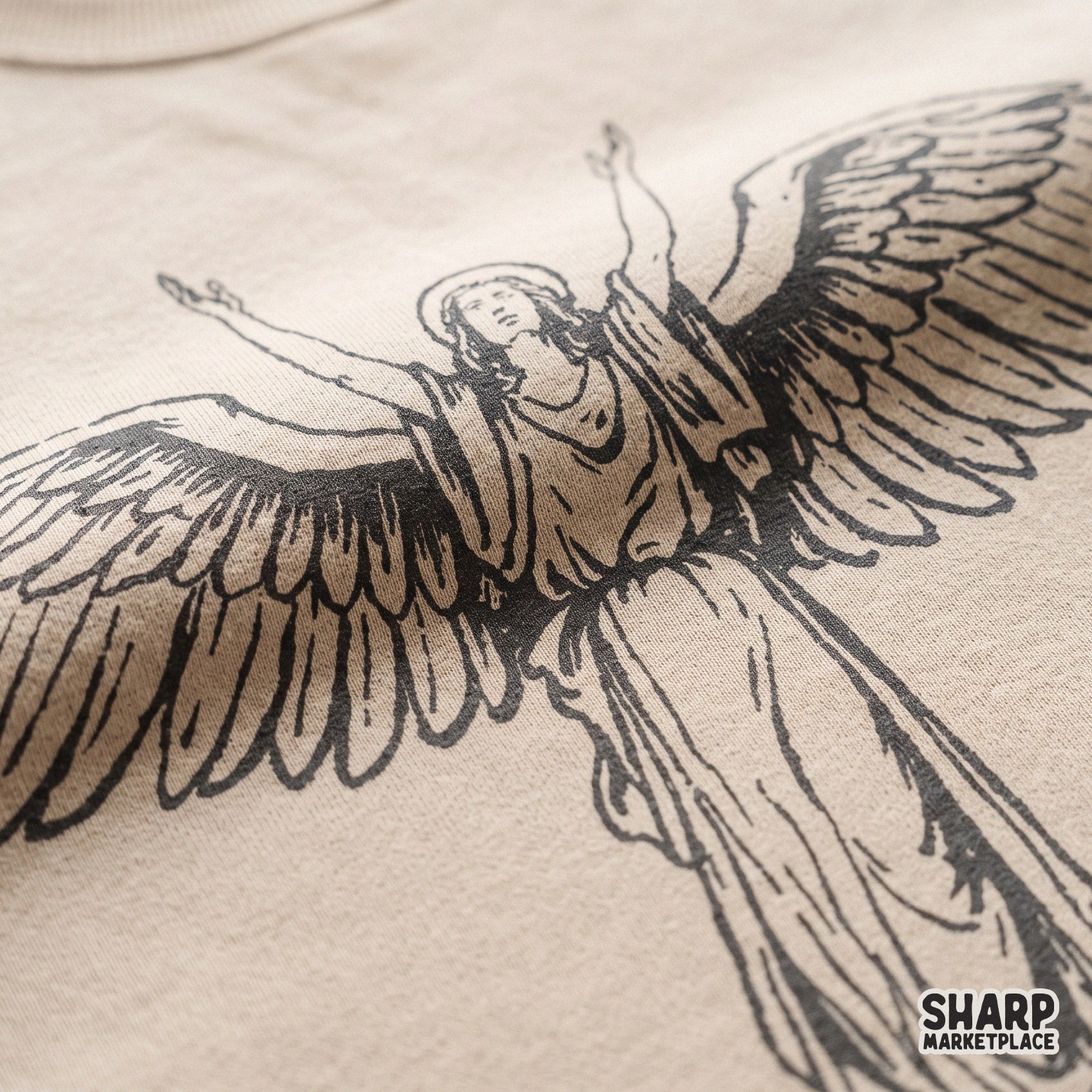 Vintage guardian angel with heavenly wings in a classic Christian religious illustration for faith-based sublimation shirts