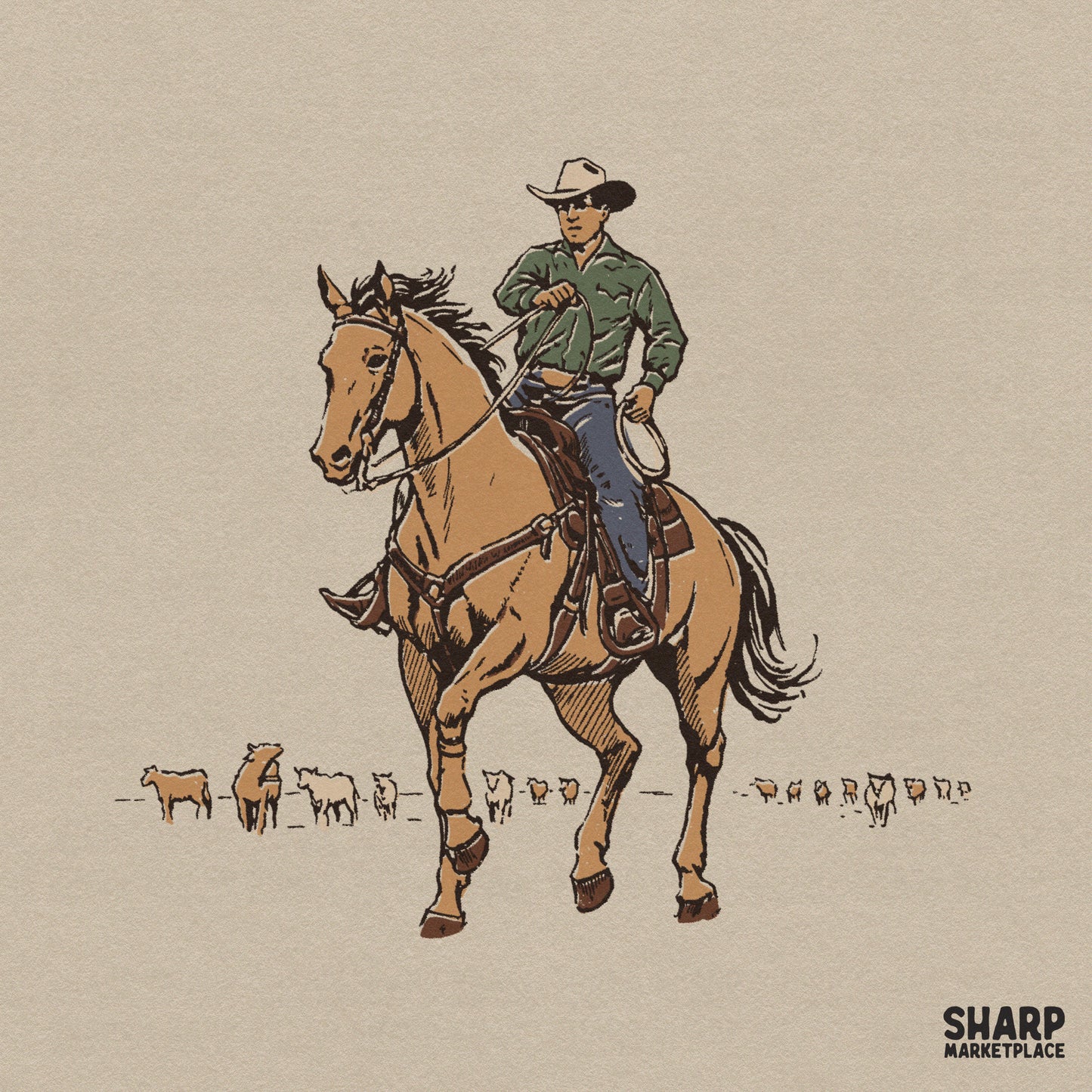 Classic hand drawn cowboy riding a horse western png design for rodeo shirts and sublimation apparel