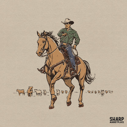 Classic hand drawn cowboy riding a horse western png design for rodeo shirts and sublimation apparel