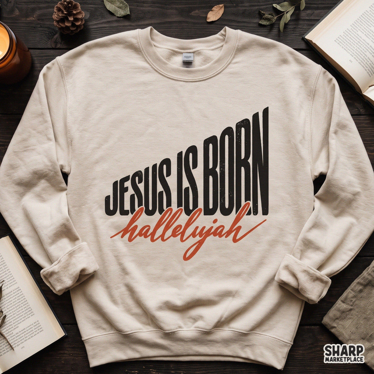 Jesus Is Born Hallelujah retro nativity design for Christian holiday faith shirts and DTG apparel printing
