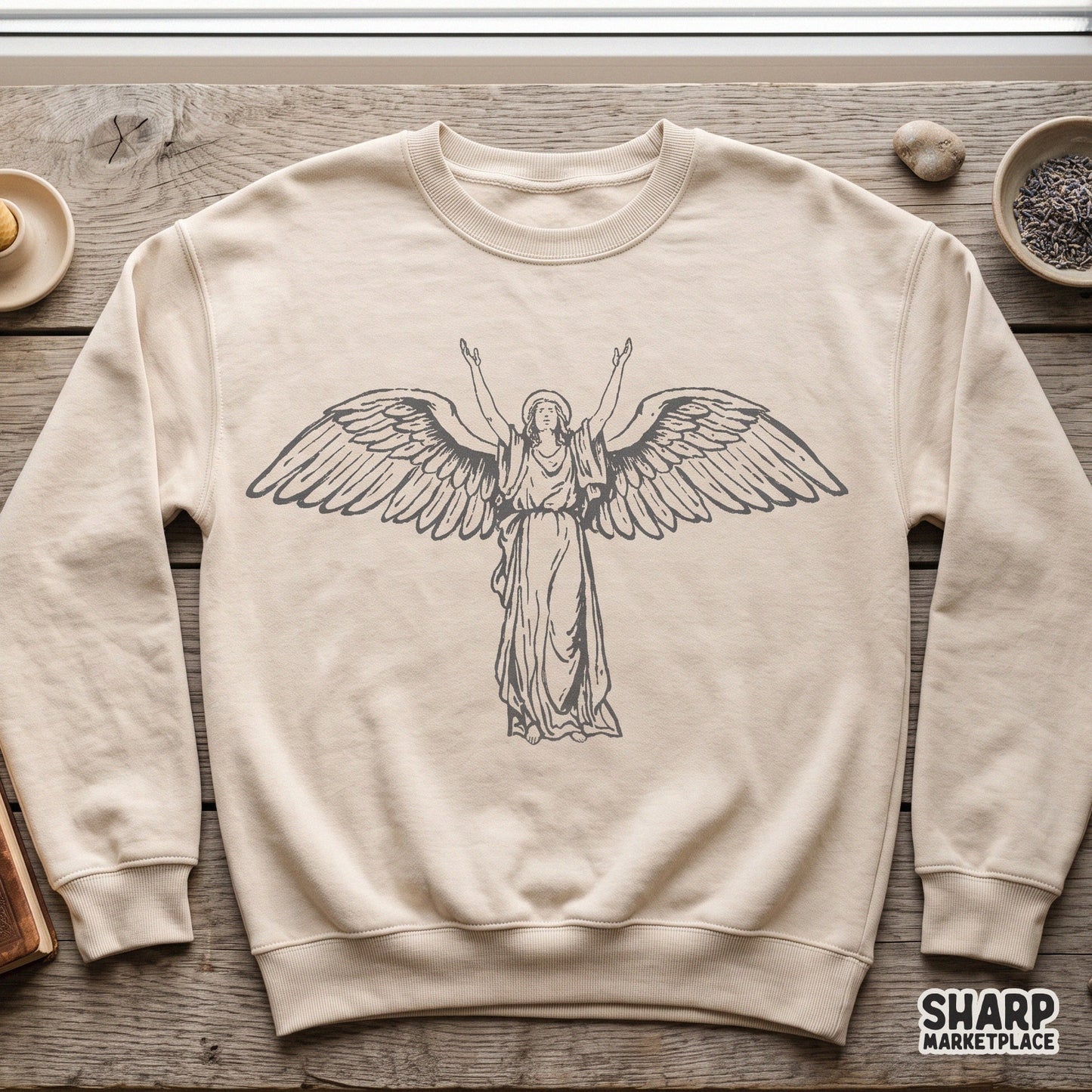 Vintage guardian angel with heavenly wings in a classic Christian illustration for religious sublimation shirts