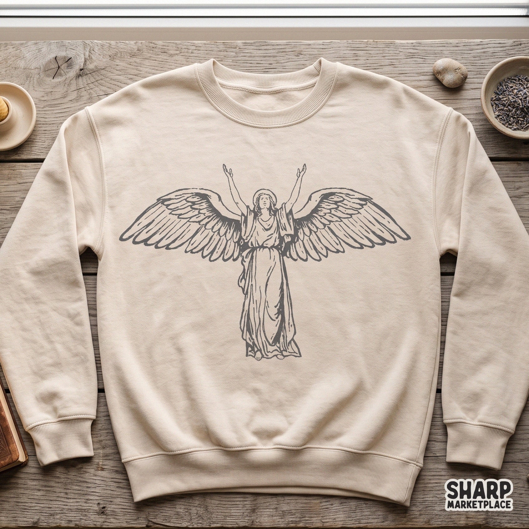 Vintage guardian angel with heavenly wings in a classic Christian illustration for religious sublimation shirts