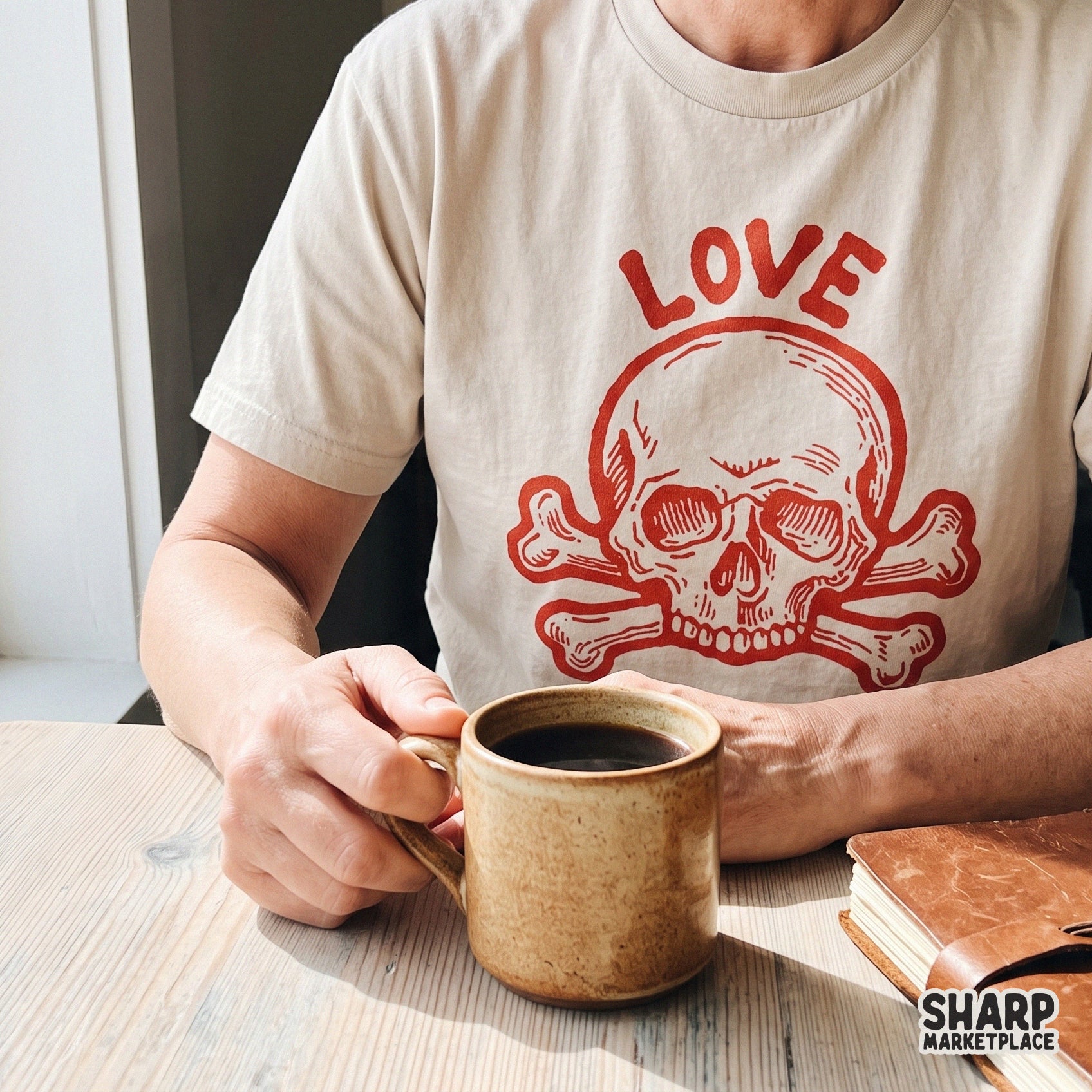 Gothic LOVE skull and crossbones sublimation design for Valentine's Day t-shirts and spooky retro digital crafts
