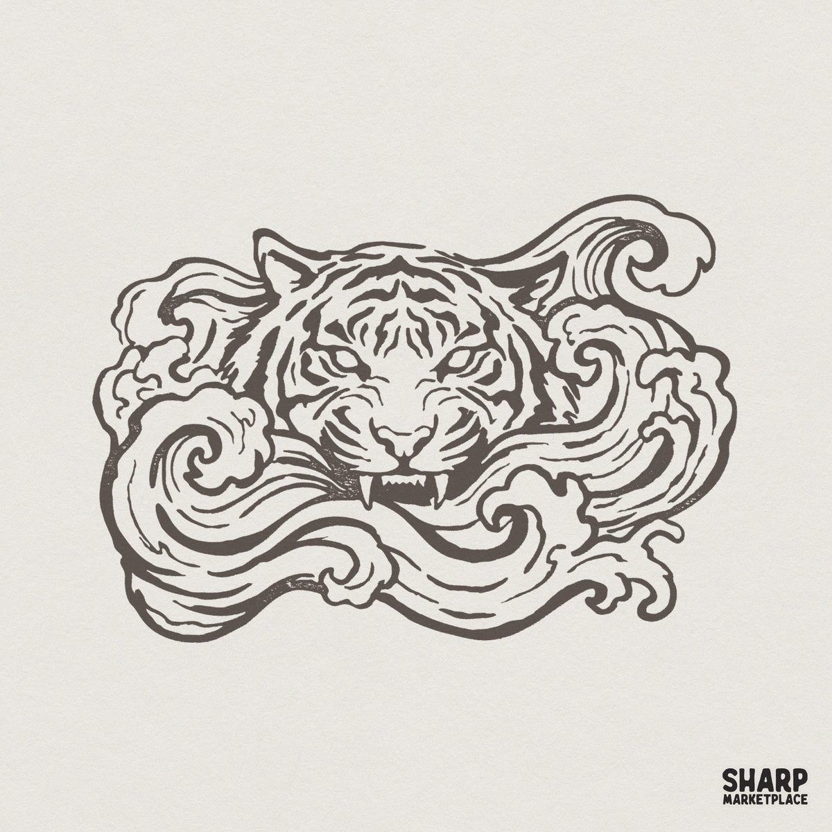 Monochromatic line art of a fierce tiger head emerging from traditional Japanese style waves, perfect for tattoo inspired apparel or stickers.