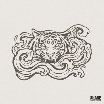 Monochromatic line art of a fierce tiger head emerging from traditional Japanese style waves, perfect for tattoo inspired apparel or stickers.