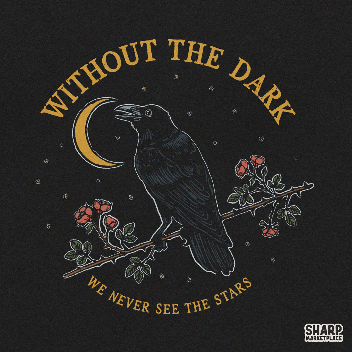 Retro spooky season PNG with skull, crow, crescent moon, and flowers for Halloween apparel and sublimation
