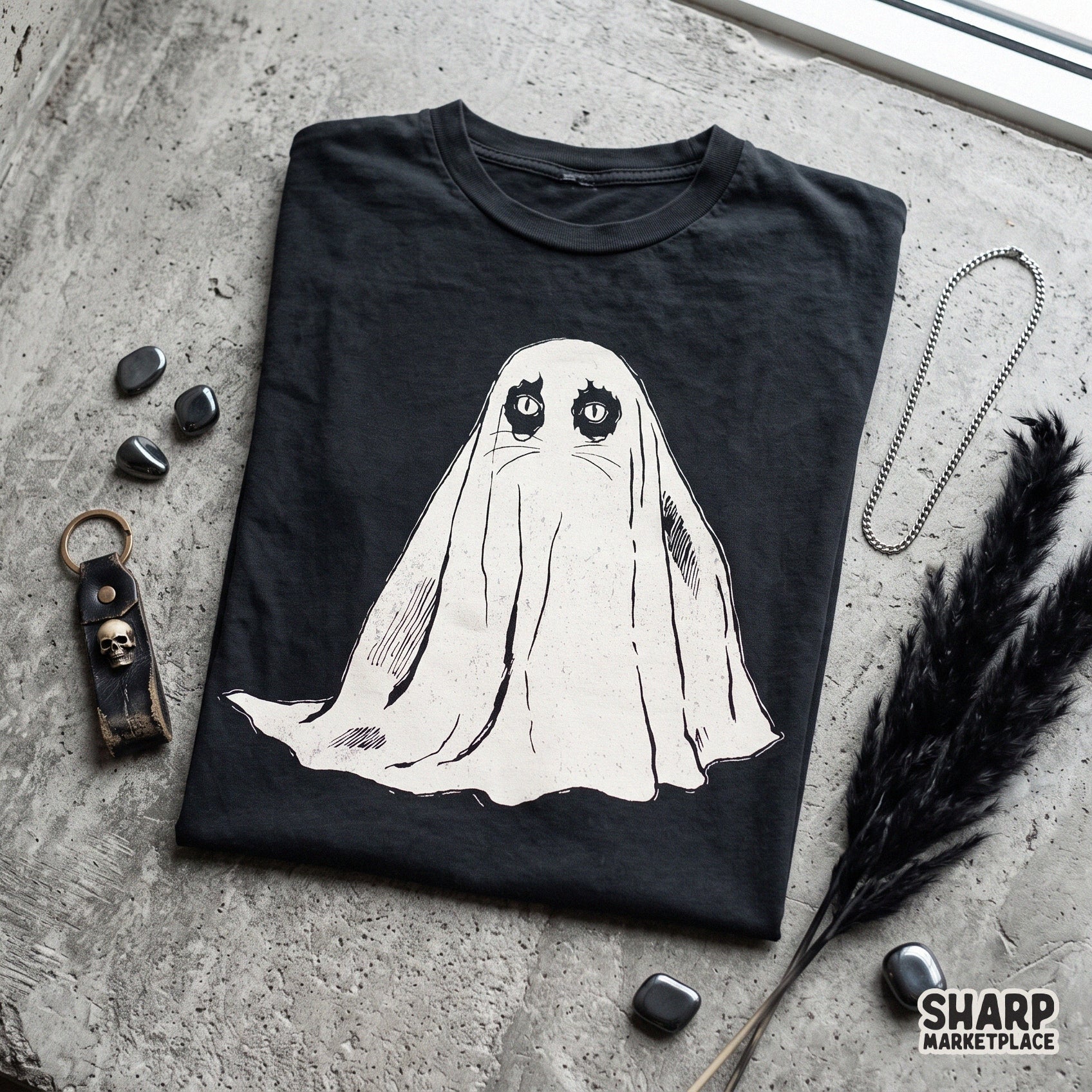 Cute vintage halloween cat wearing a white sheet ghost costume for spooky t-shirt sublimation and print on demand apparel designs