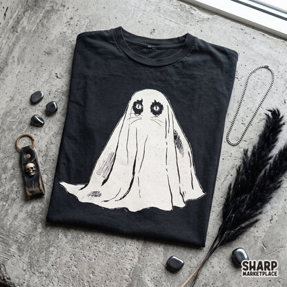 Cute vintage halloween cat wearing a white sheet ghost costume for spooky t-shirt sublimation and print on demand apparel designs