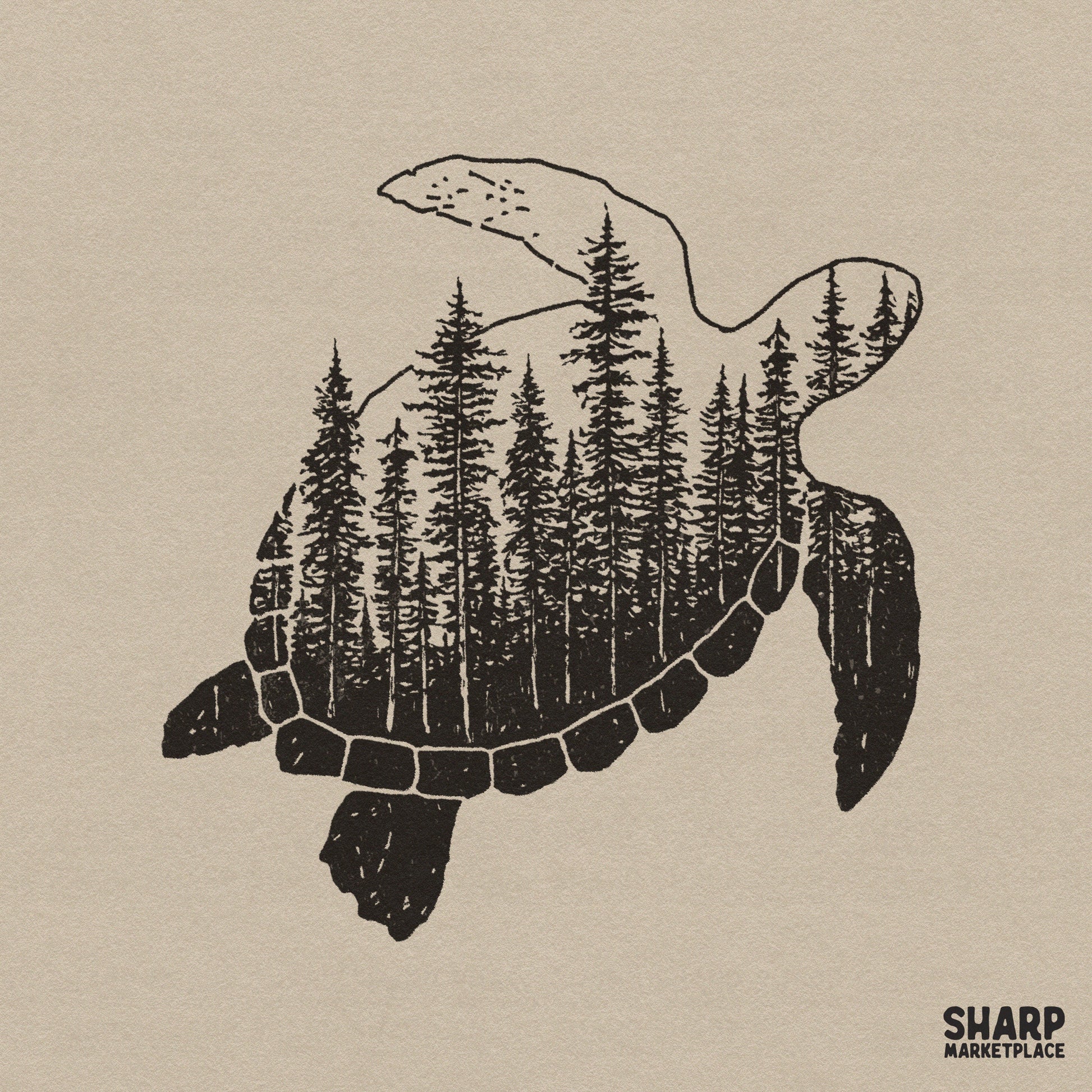 Distressed black ink silhouette of a sea turtle filled with a dense forest of pine trees for nature-themed shirts and sublimation projects.