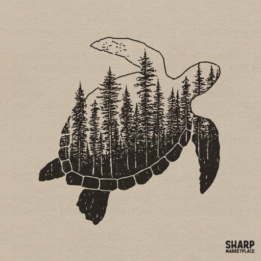 Distressed black ink silhouette of a sea turtle filled with a dense forest of pine trees for nature-themed shirts and sublimation projects.
