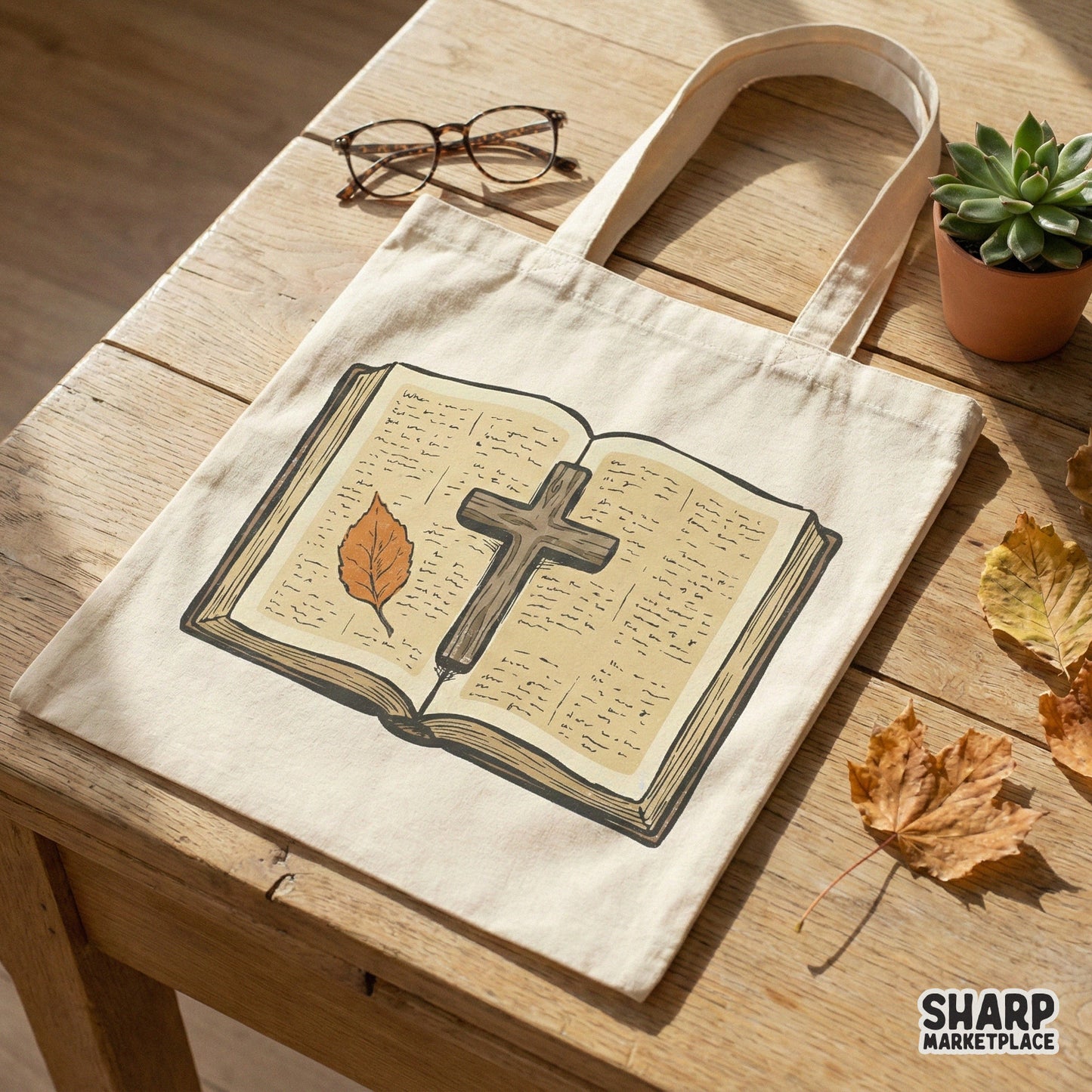 Open Bible PNG With Cross And Autumn Leaf, Religious Printable PNG - 300