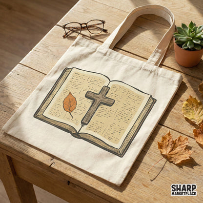 Open Bible PNG With Cross And Autumn Leaf, Religious Printable PNG - 300