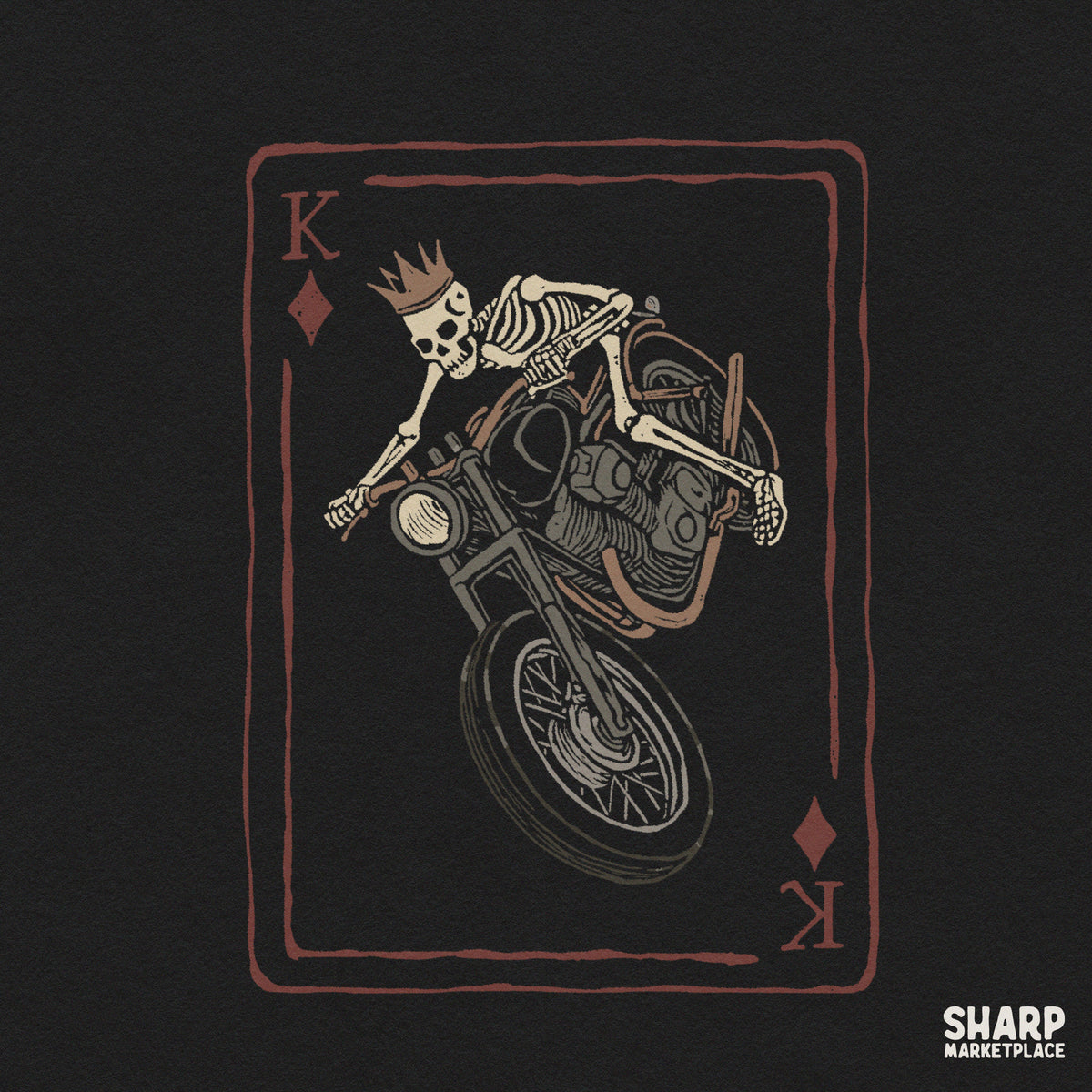 Retro king of diamonds skeleton biker riding a motorcycle wheelie PNG graphic for Halloween t-shirt sublimation designs