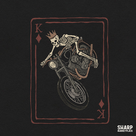 Retro king of diamonds skeleton biker riding a motorcycle wheelie PNG graphic for Halloween t-shirt sublimation designs